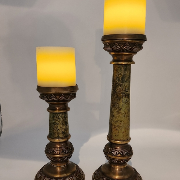 1950s IMA Brass and Green Marble Candle Holders Set (2) Made In India - Picture 2 of 12